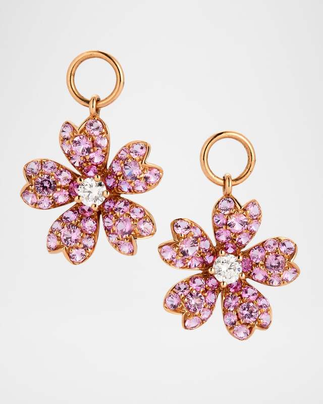 Rocks 18K Rose Gold Pink Sapphire Flower Earring Charms with Diamonds